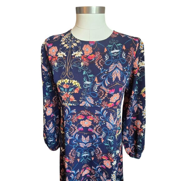 Blue Floral Dress Long Sleeve Navy & Multicolor Maxi Size L I. Madeline jj3739 - Picture 2 of 14
